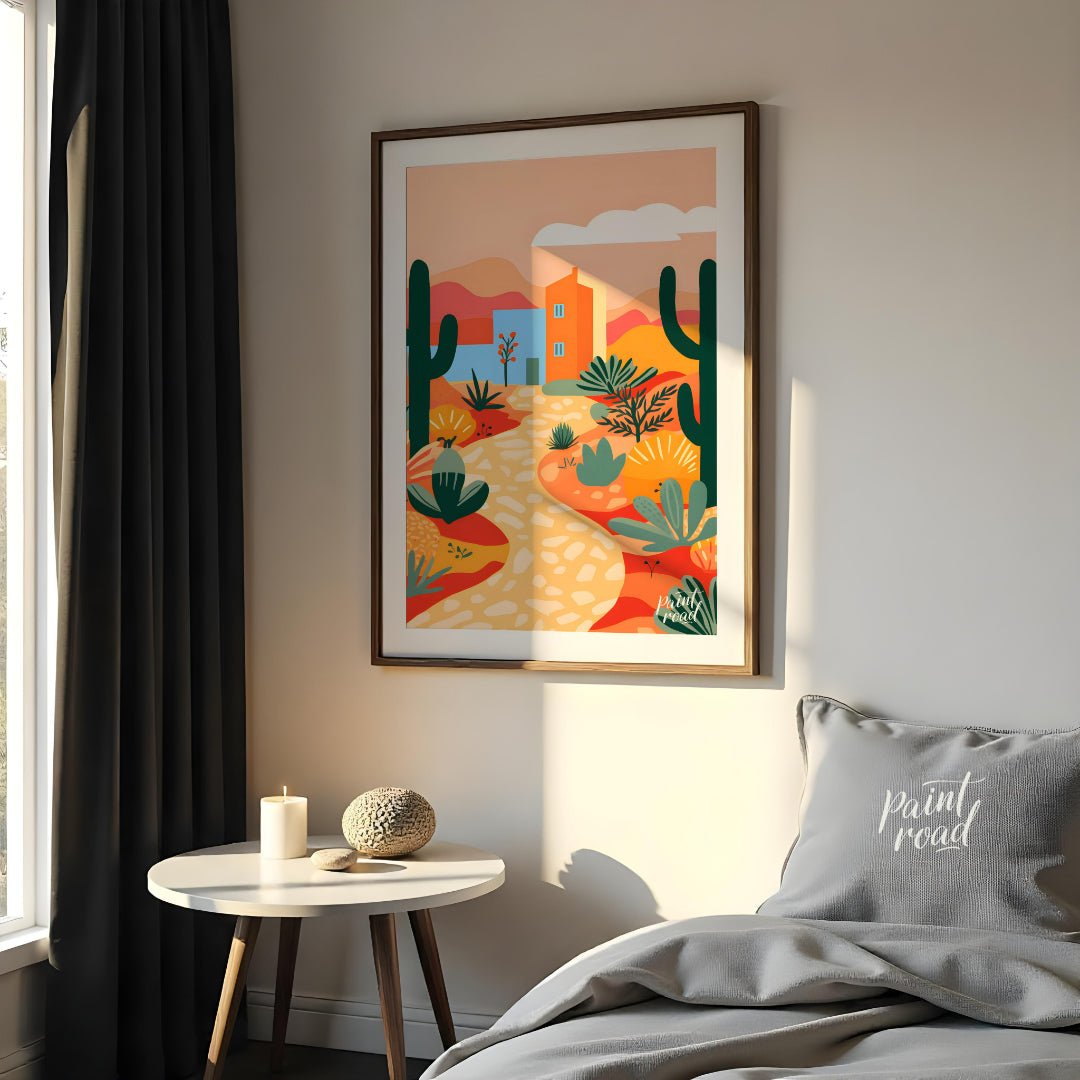 This vibrant digital illustration captures a desert landscape with stylized cacti, flowering plants… for bedroom