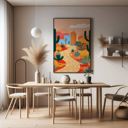 This vibrant digital illustration captures a desert landscape with stylized cacti, flowering plants… for dining room