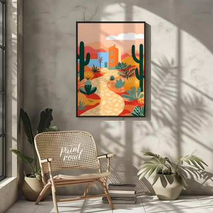 This vibrant digital illustration captures a desert landscape with stylized cacti, flowering plants… for living room