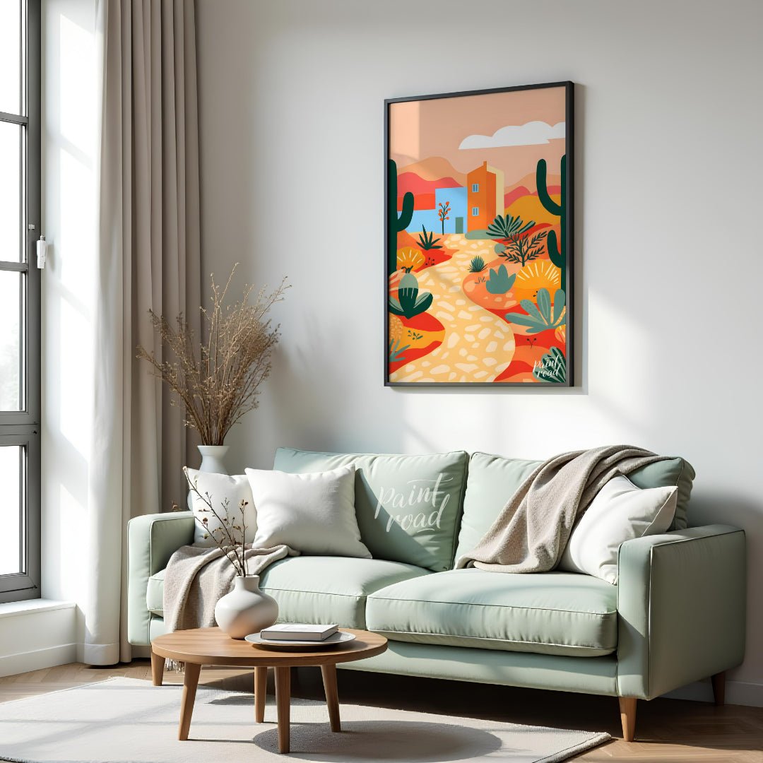 This vibrant digital illustration captures a desert landscape with stylized cacti, flowering plants… for living room