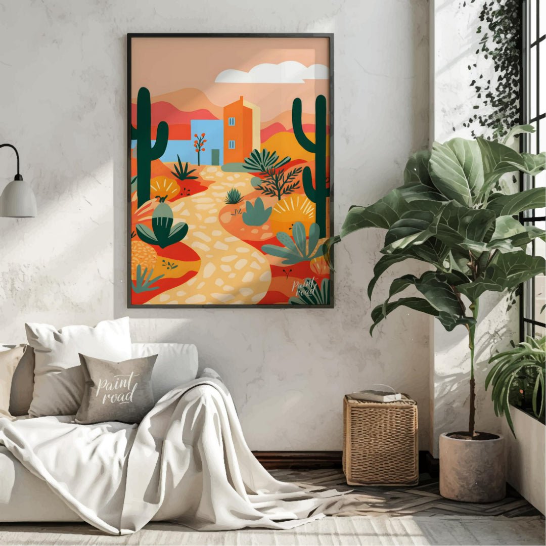 This vibrant digital illustration captures a desert landscape with stylized cacti, flowering plants… for living room