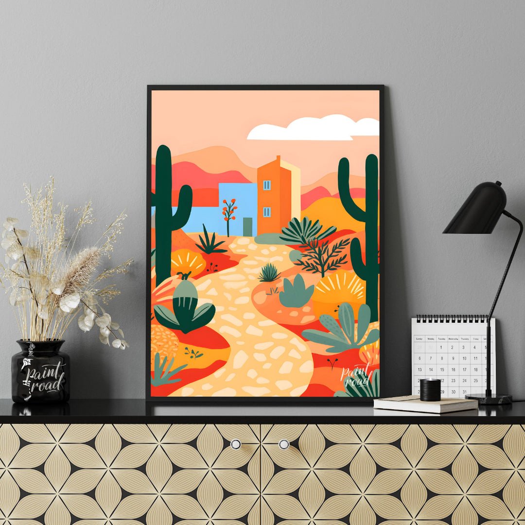This vibrant digital illustration captures a desert landscape with stylized cacti, flowering plants… for office