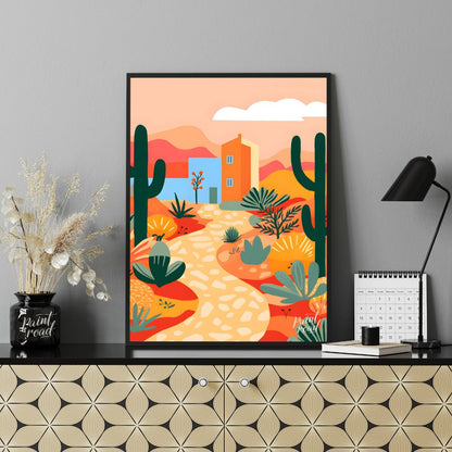 This vibrant digital illustration captures a desert landscape with stylized cacti, flowering plants… for office