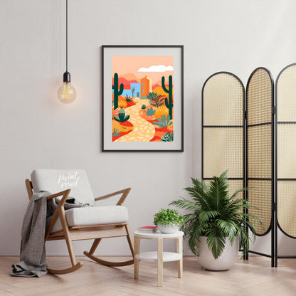 This vibrant digital illustration captures a desert landscape with stylized cacti, flowering plants… for office