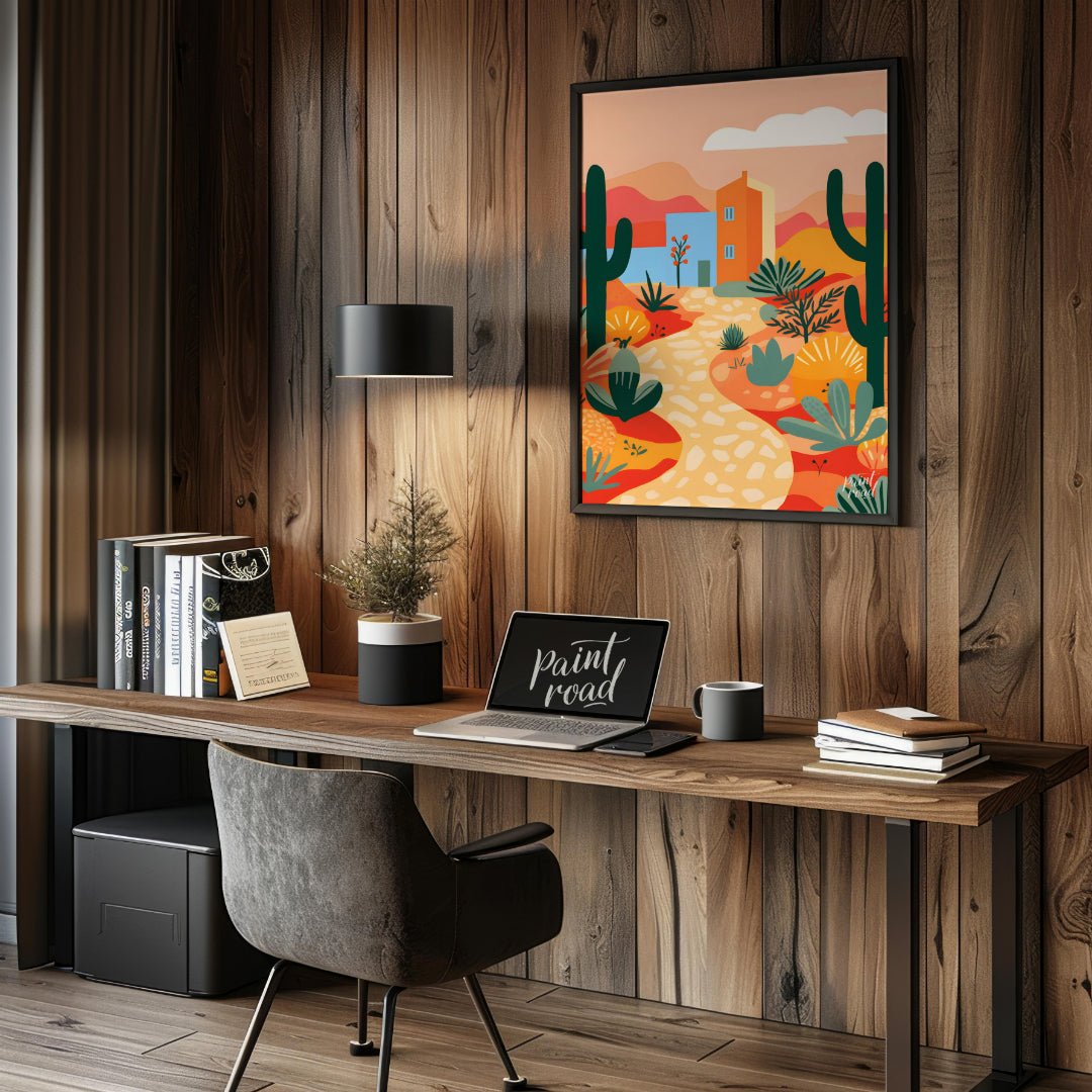 This vibrant digital illustration captures a desert landscape with stylized cacti, flowering plants… for office