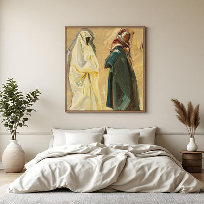 This evocative artwork captures the serene passage of two figures, draped in flowing garments, for Bedroom