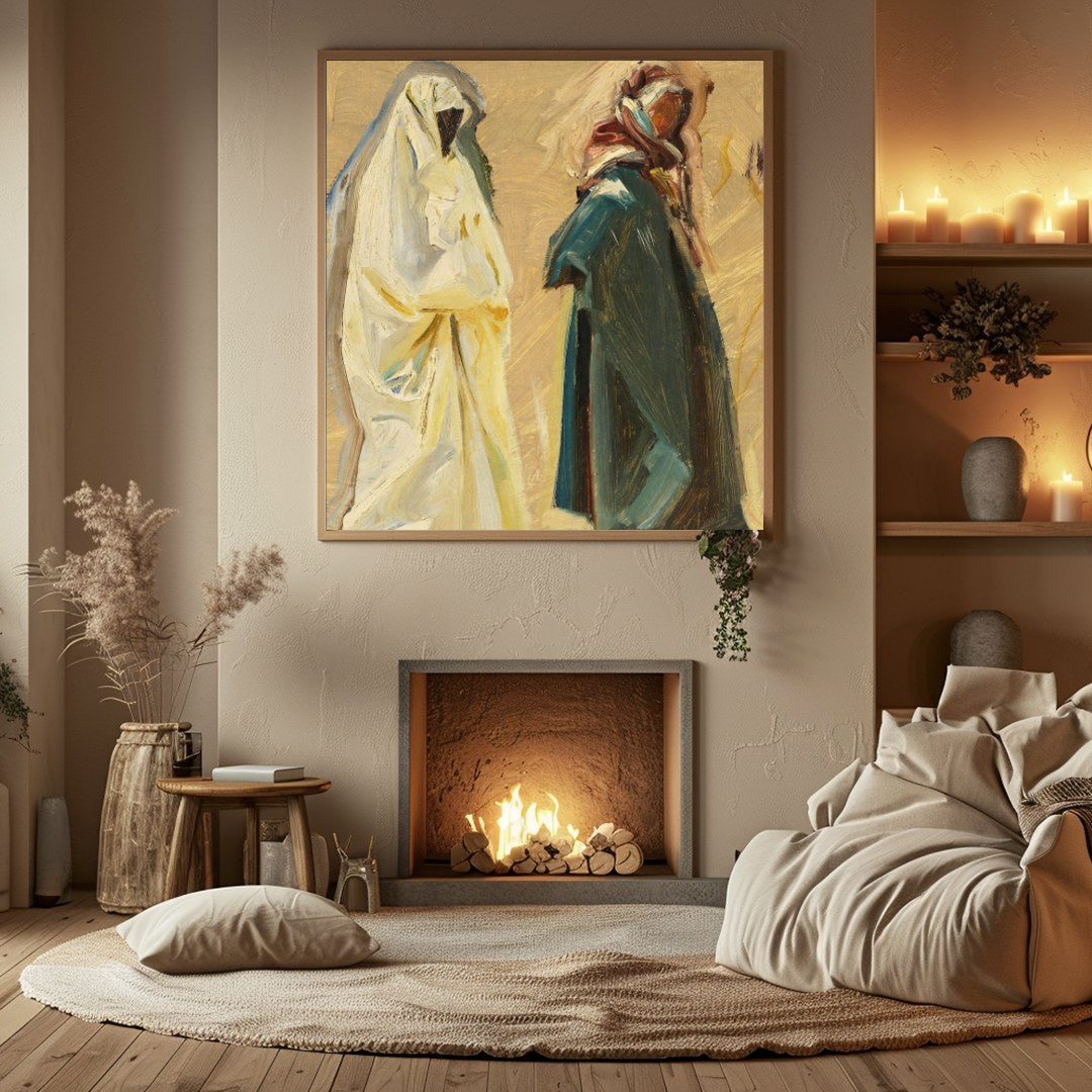 This evocative artwork captures the serene passage of two figures, draped in flowing garments, for Hall