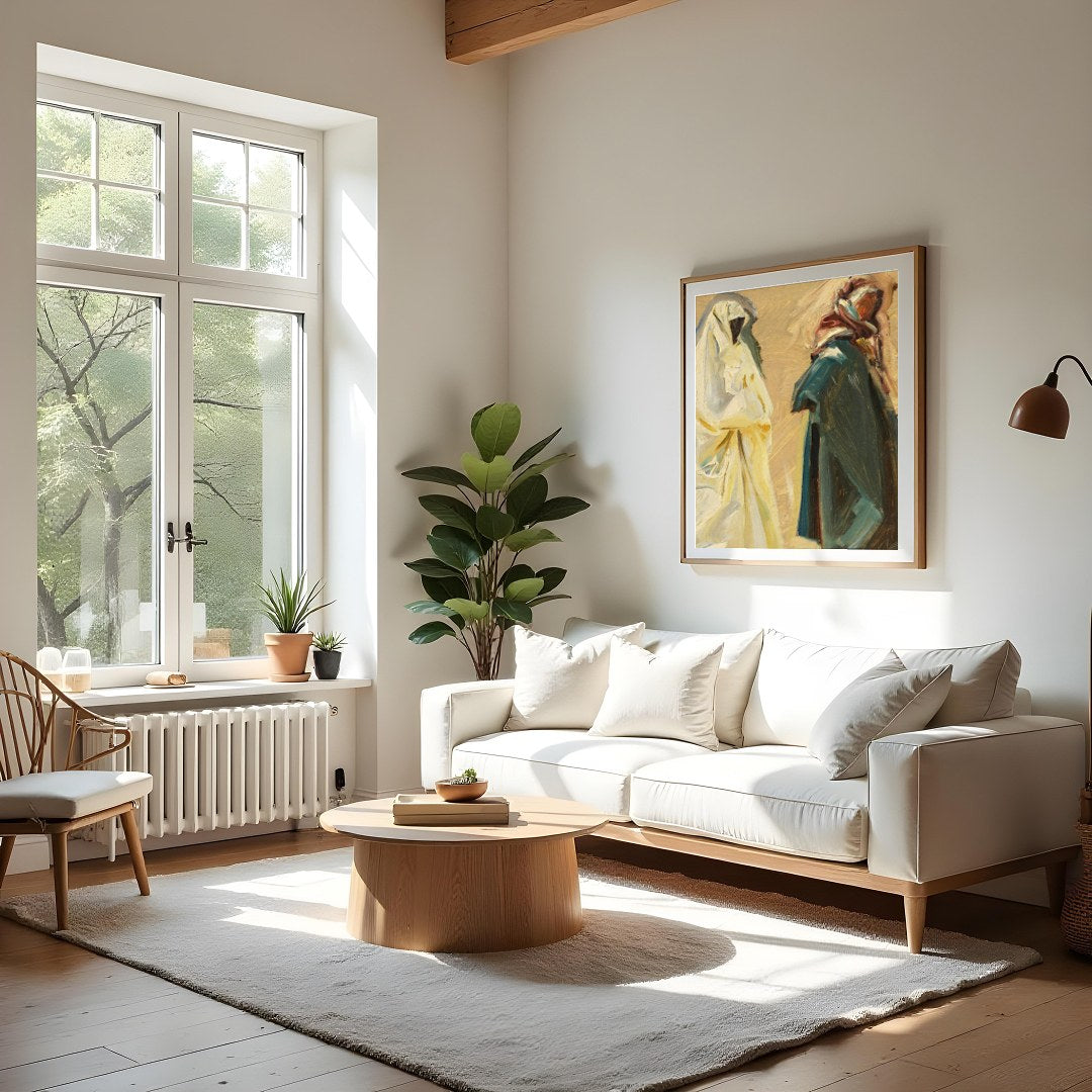 This evocative artwork captures the serene passage of two figures, draped in flowing garments, for Living Room