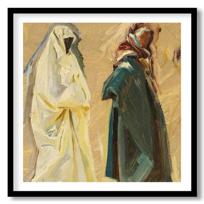 This evocative artwork captures the serene passage of two figures, draped in flowing garments, for place