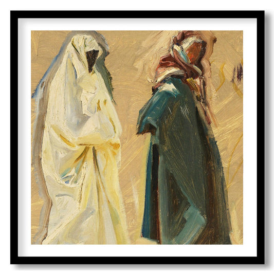 This evocative artwork captures the serene passage of two figures, draped in flowing garments, for place