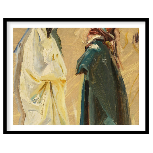 This evocative artwork captures the serene passage of two figures, draped in flowing garments, for place