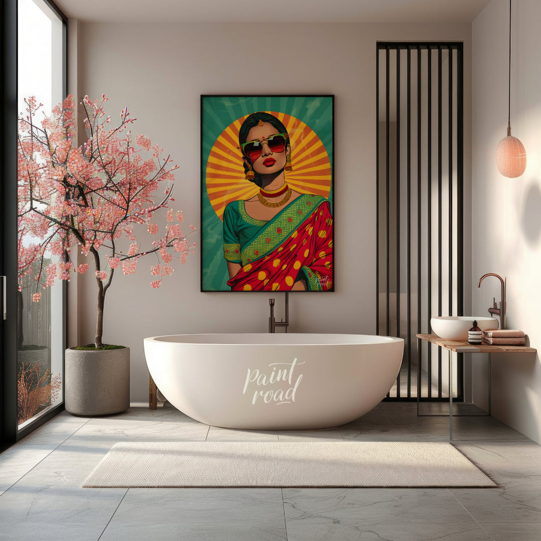 This bold and vibrant pop-art portrait reimagines traditional Indian femininity with a modern, rebe… for bathroom
