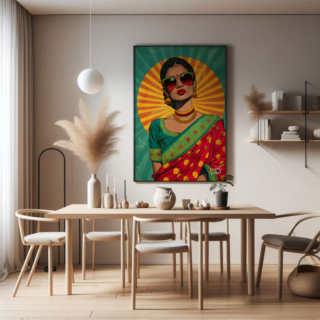 This bold and vibrant pop-art portrait reimagines traditional Indian femininity with a modern, rebe… for dining room