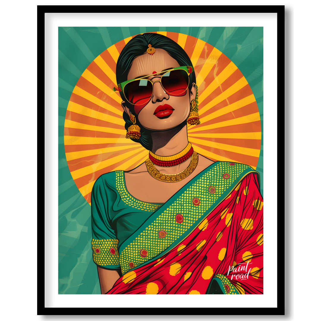 This bold and vibrant pop-art portrait reimagines traditional Indian femininity with a modern, rebe… for home