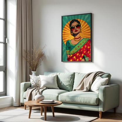 This bold and vibrant pop-art portrait reimagines traditional Indian femininity with a modern, rebe… for living room