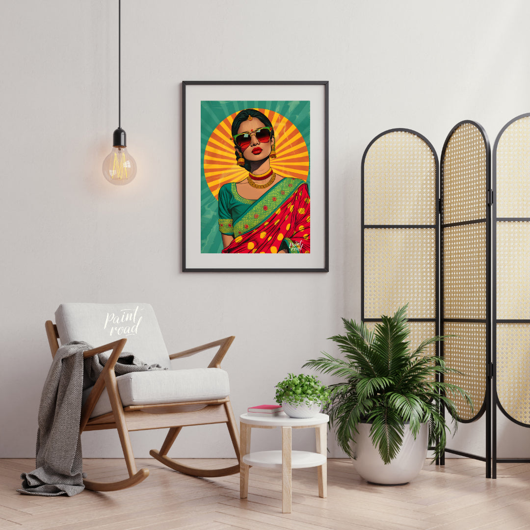 This bold and vibrant pop-art portrait reimagines traditional Indian femininity with a modern, rebe… for living room