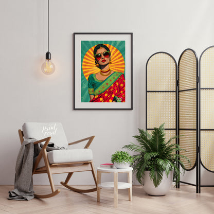 This bold and vibrant pop-art portrait reimagines traditional Indian femininity with a modern, rebe… for living room