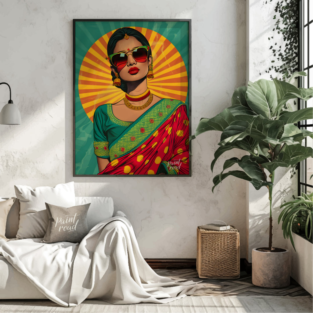 This bold and vibrant pop-art portrait reimagines traditional Indian femininity with a modern, rebe… for living room