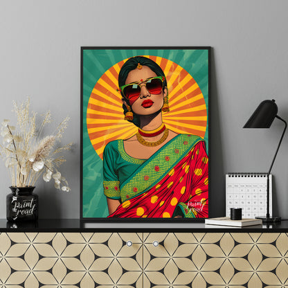 This bold and vibrant pop-art portrait reimagines traditional Indian femininity with a modern, rebe… for living room