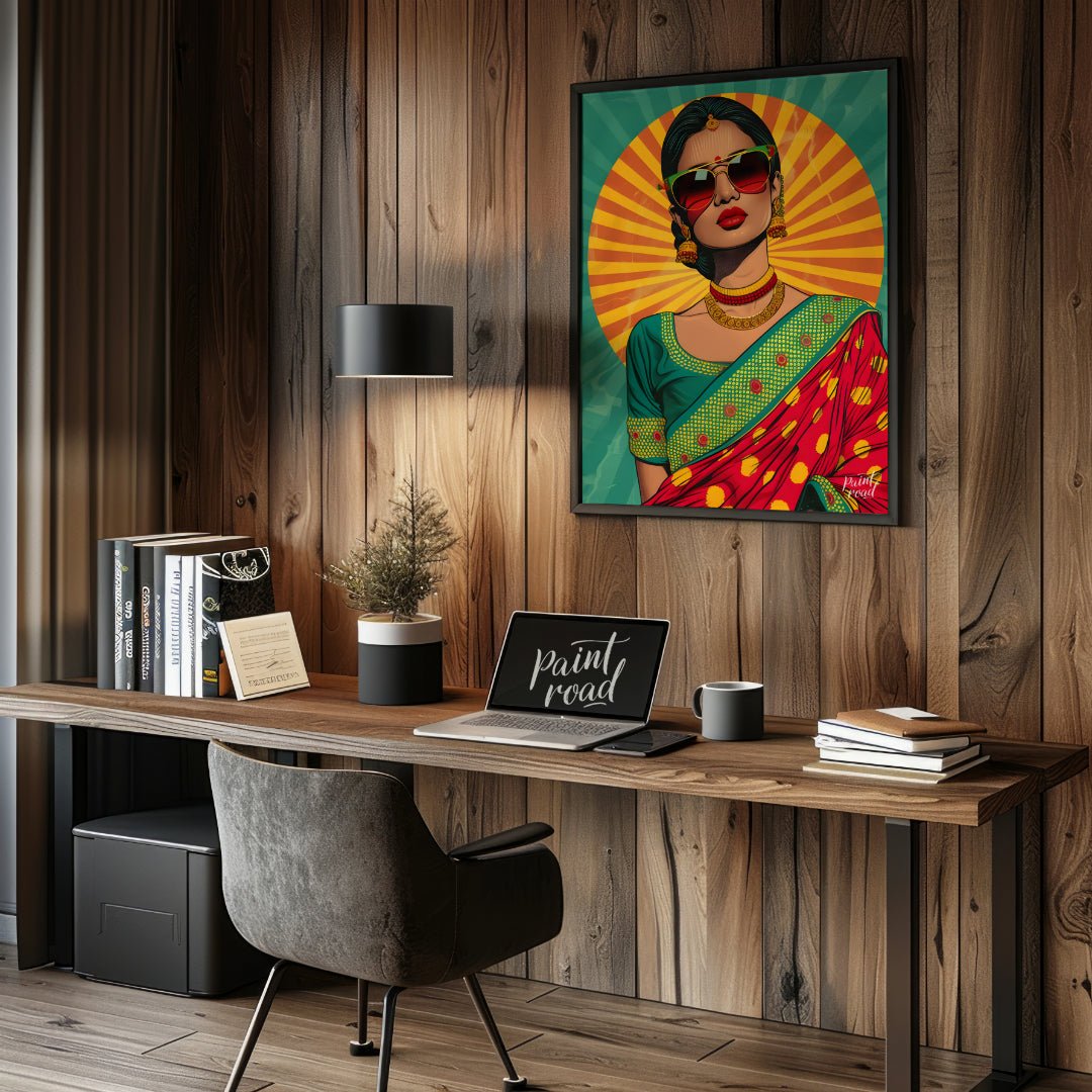 This bold and vibrant pop-art portrait reimagines traditional Indian femininity with a modern, rebe… for office