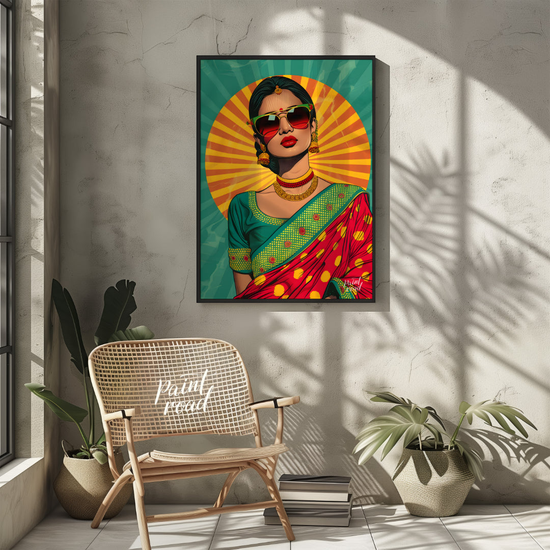 This bold and vibrant pop-art portrait reimagines traditional Indian femininity with a modern, rebe… for other
