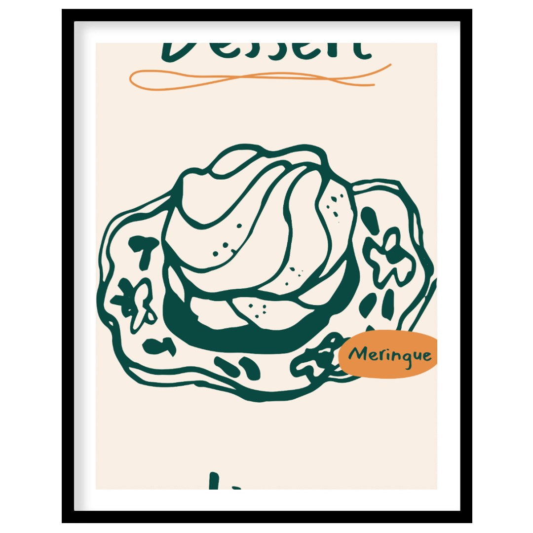 A delectable line art illustration of a fluffy meringue dessert takes center stage on this poster, … for abode