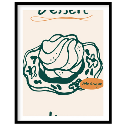A delectable line art illustration of a fluffy meringue dessert takes center stage on this poster, … for abode