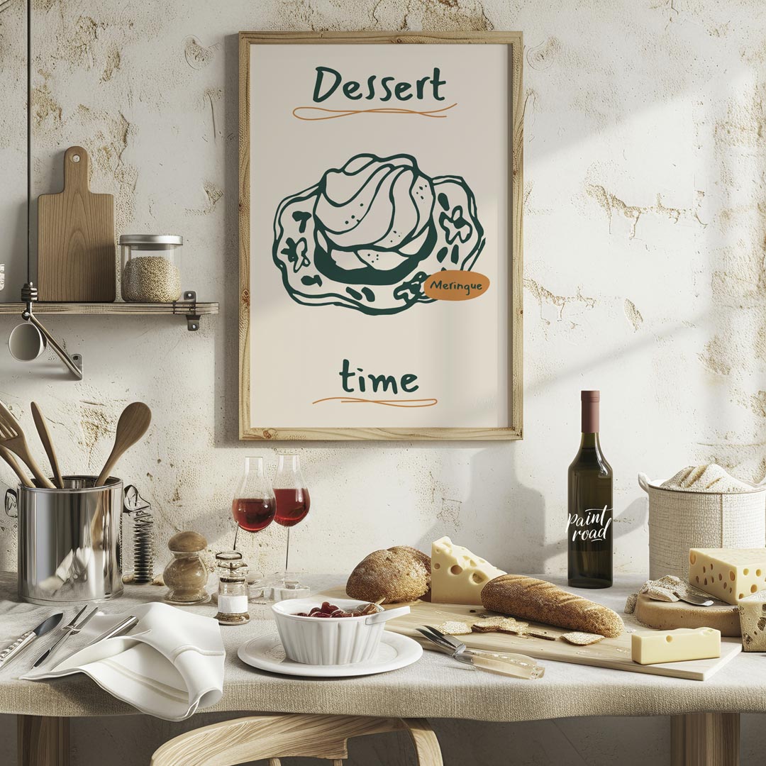 A delectable line art illustration of a fluffy meringue dessert takes center stage on this poster, … for kitchen