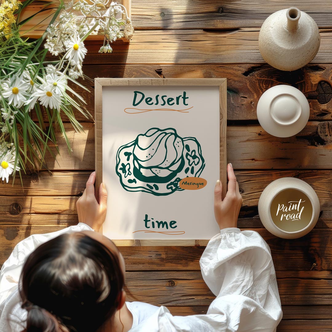 A delectable line art illustration of a fluffy meringue dessert takes center stage on this poster, … for kitchen
