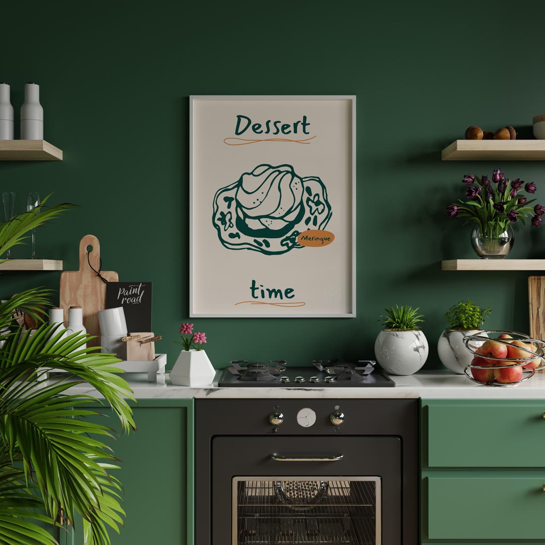 A delectable line art illustration of a fluffy meringue dessert takes center stage on this poster, … for kitchen