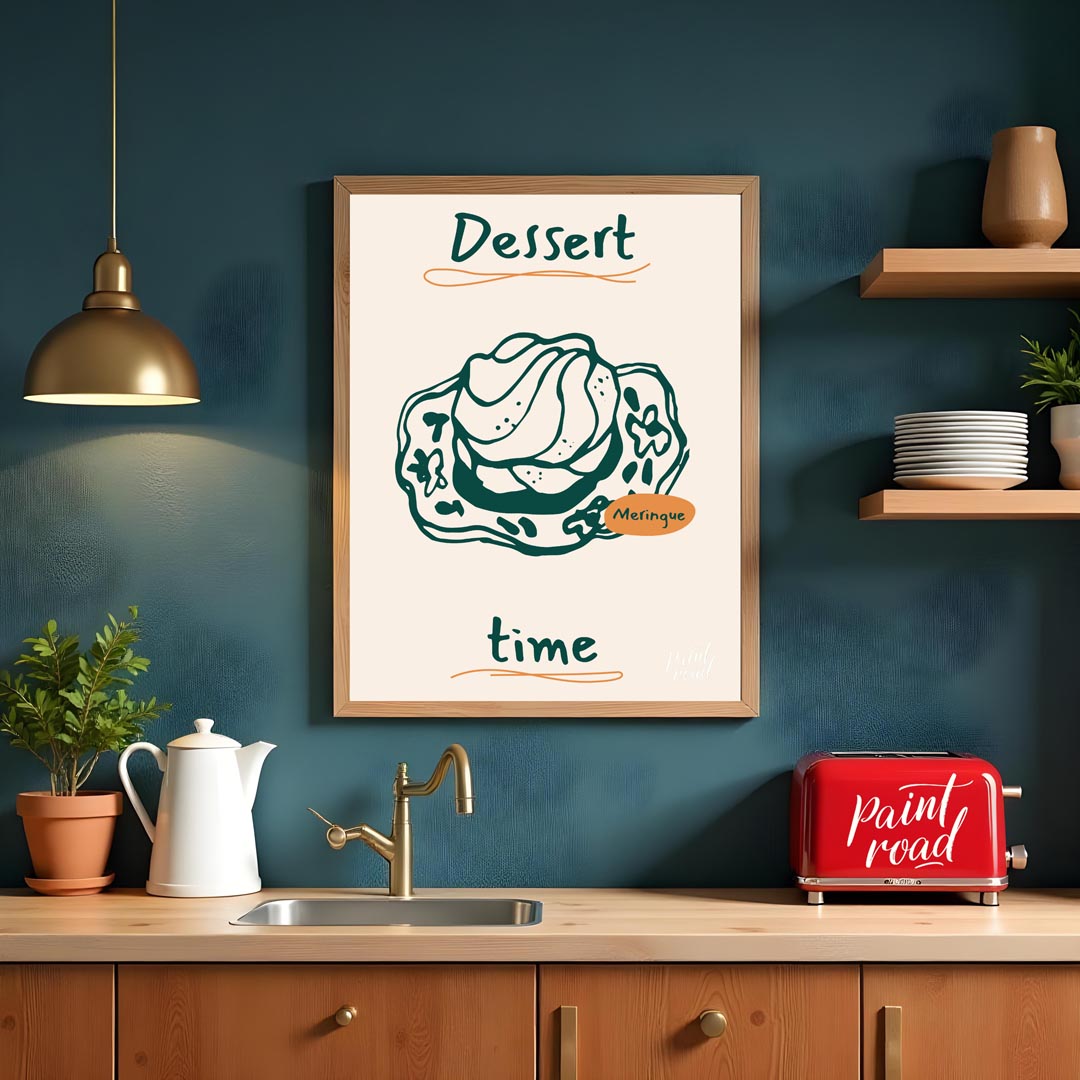 A delectable line art illustration of a fluffy meringue dessert takes center stage on this poster, … for kitchen