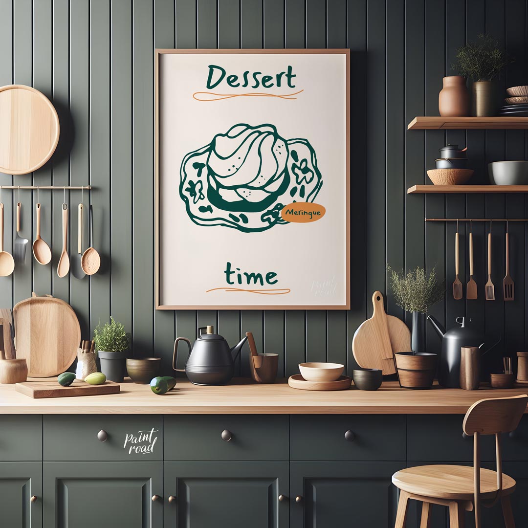 A delectable line art illustration of a fluffy meringue dessert takes center stage on this poster, … for kitchen