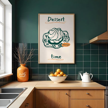 A delectable line art illustration of a fluffy meringue dessert takes center stage on this poster, … for kitchen