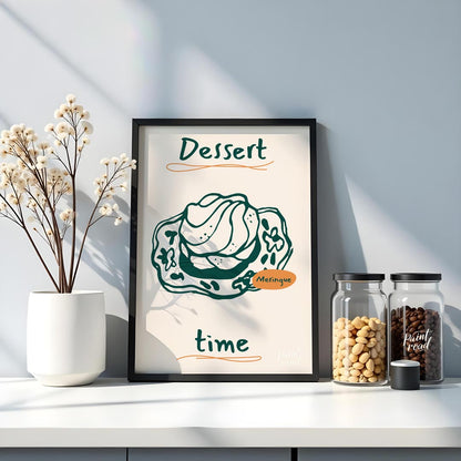 A delectable line art illustration of a fluffy meringue dessert takes center stage on this poster, … for kitchen