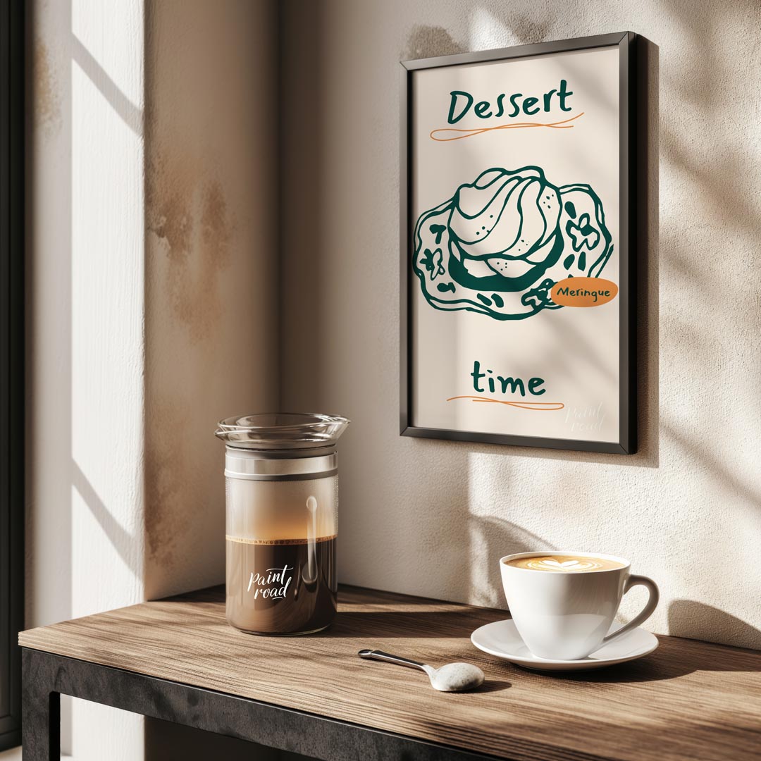 A delectable line art illustration of a fluffy meringue dessert takes center stage on this poster, … for kitchen