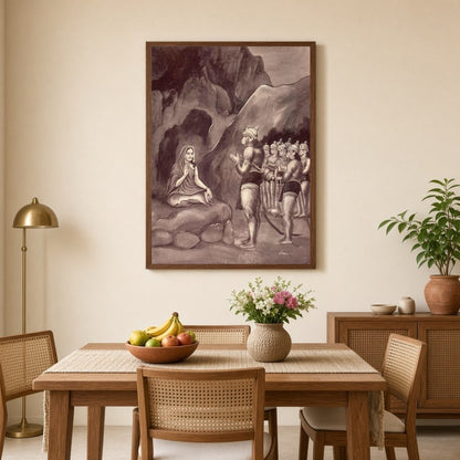 This exquisite artwork captures a serene moment from the Ramayana, showcasing Lord Hanuman's for Dining