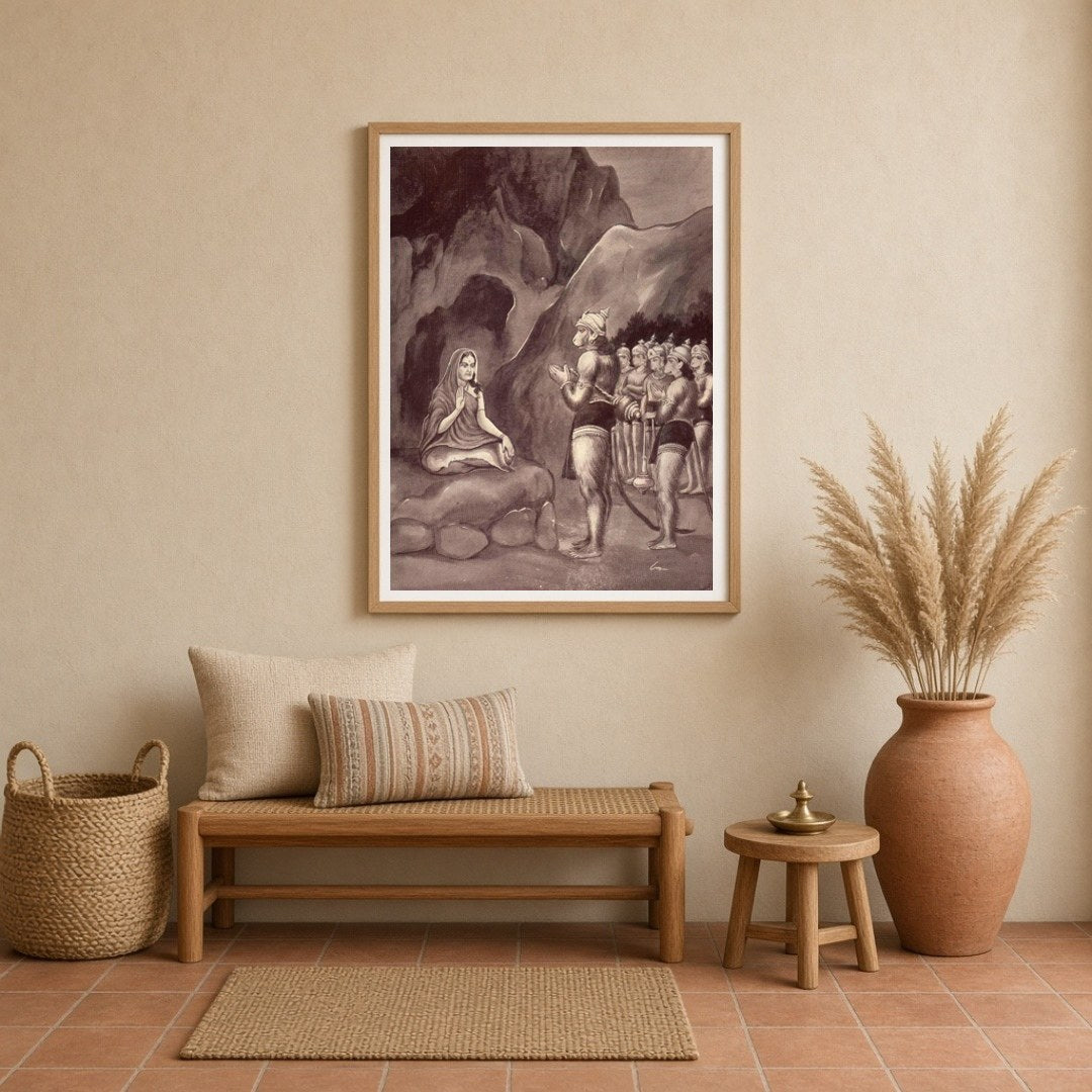 This exquisite artwork captures a serene moment from the Ramayana, showcasing Lord Hanuman's for Entrance