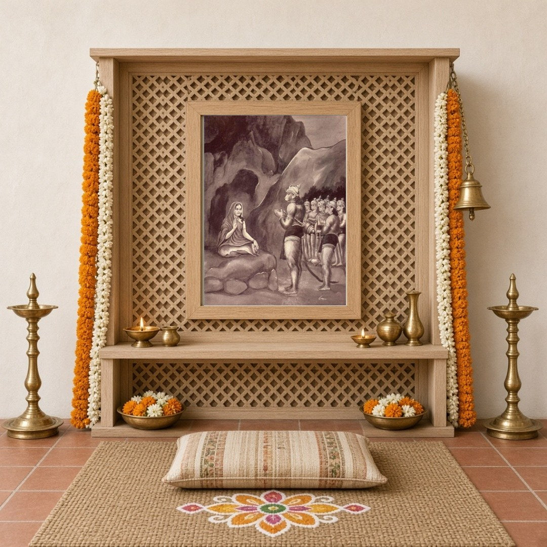 This exquisite artwork captures a serene moment from the Ramayana, showcasing Lord Hanuman's for Home Temple