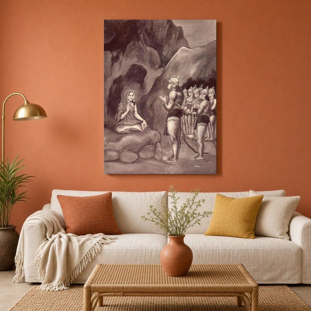 This exquisite artwork captures a serene moment from the Ramayana, showcasing Lord Hanuman's for Living Room