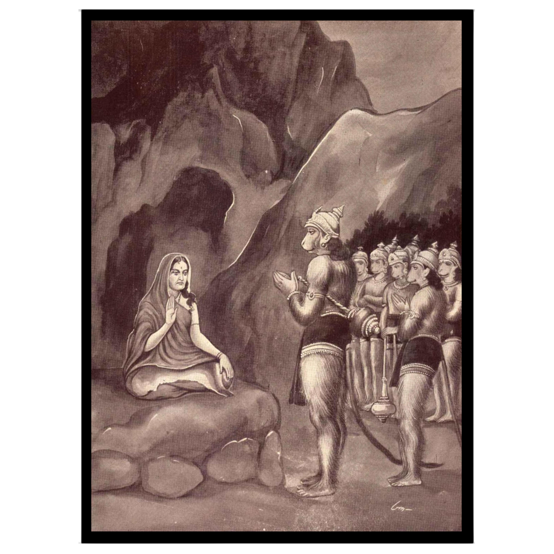 This exquisite artwork captures a serene moment from the Ramayana, showcasing Lord Hanuman's for retreat