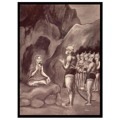 This exquisite artwork captures a serene moment from the Ramayana, showcasing Lord Hanuman's for retreat