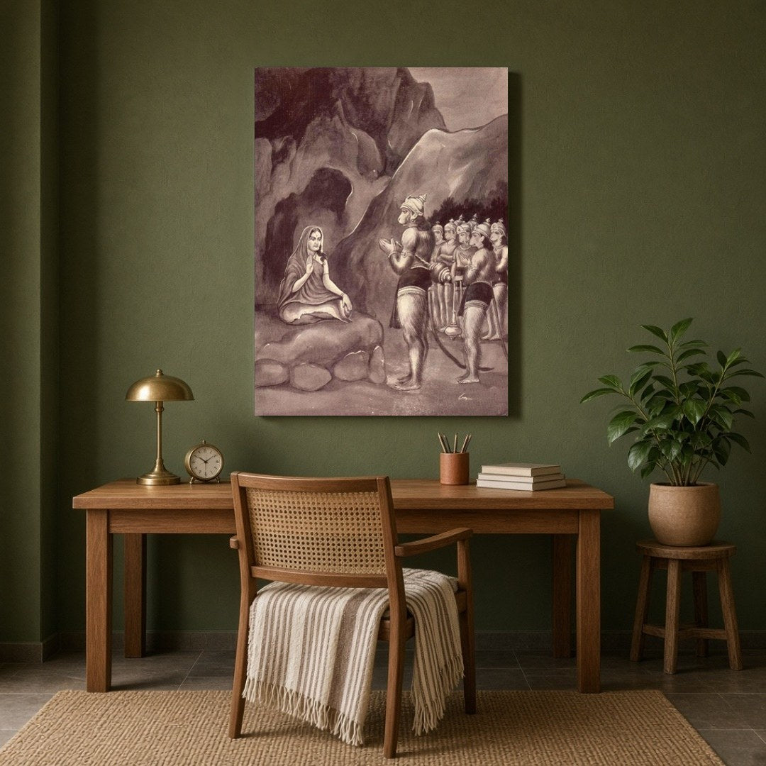 This exquisite artwork captures a serene moment from the Ramayana, showcasing Lord Hanuman's for Study