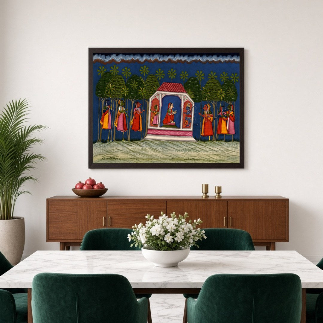 Experience an enchanting moment from the Ramayana with this vibrant Indian miniature artwork. for Dining