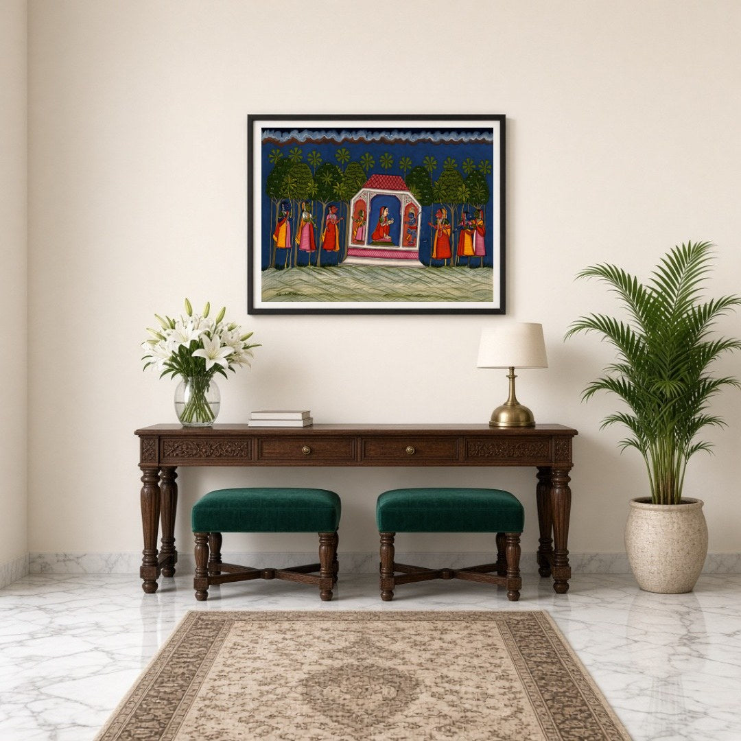 Experience an enchanting moment from the Ramayana with this vibrant Indian miniature artwork. for Entrance