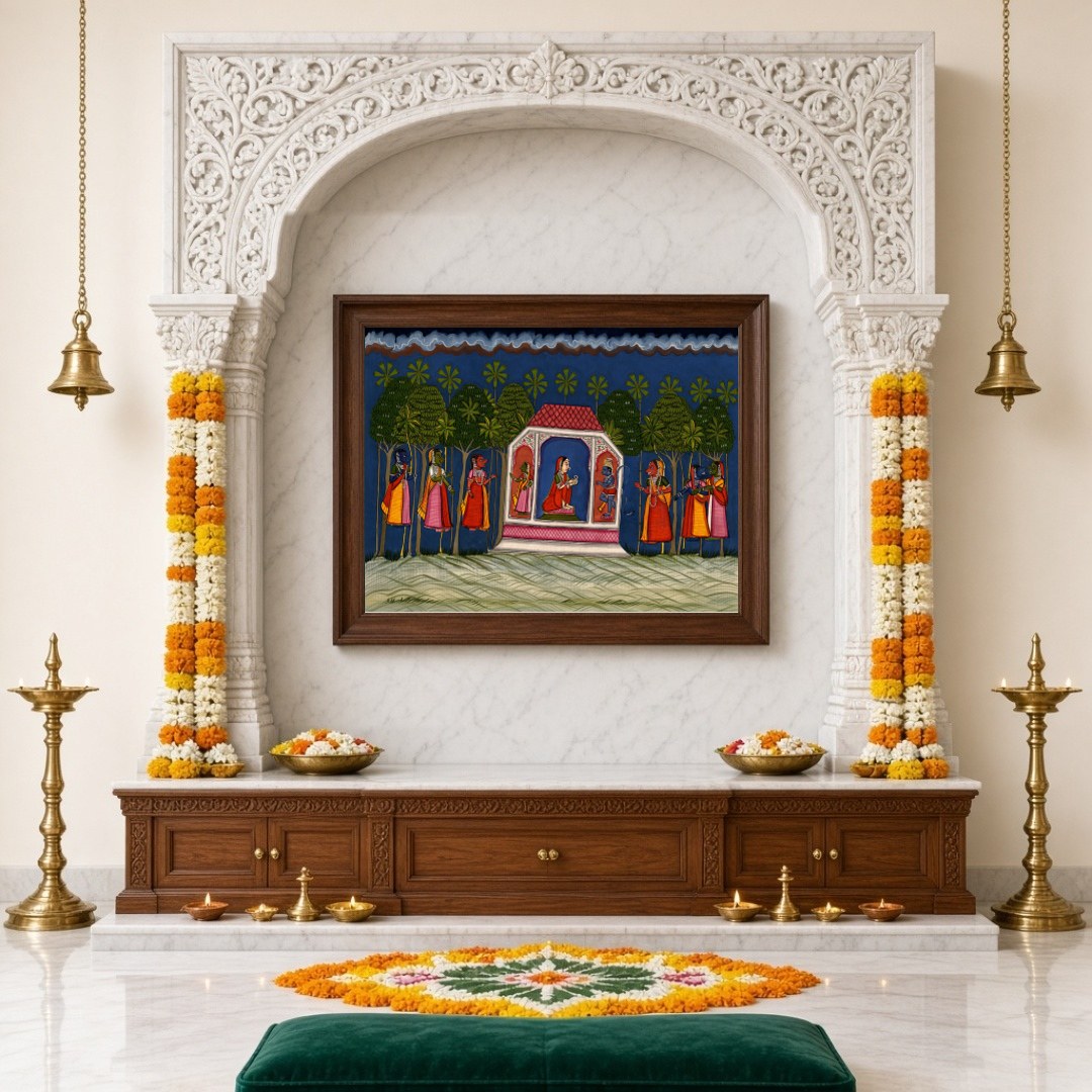 Experience an enchanting moment from the Ramayana with this vibrant Indian miniature artwork. for Home Temple