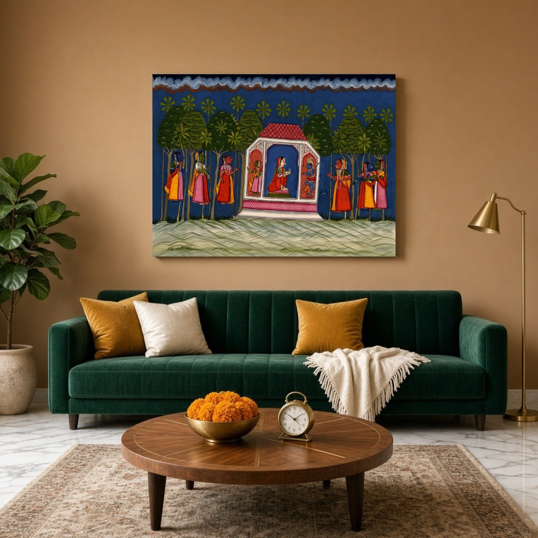 Experience an enchanting moment from the Ramayana with this vibrant Indian miniature artwork. for Living Room