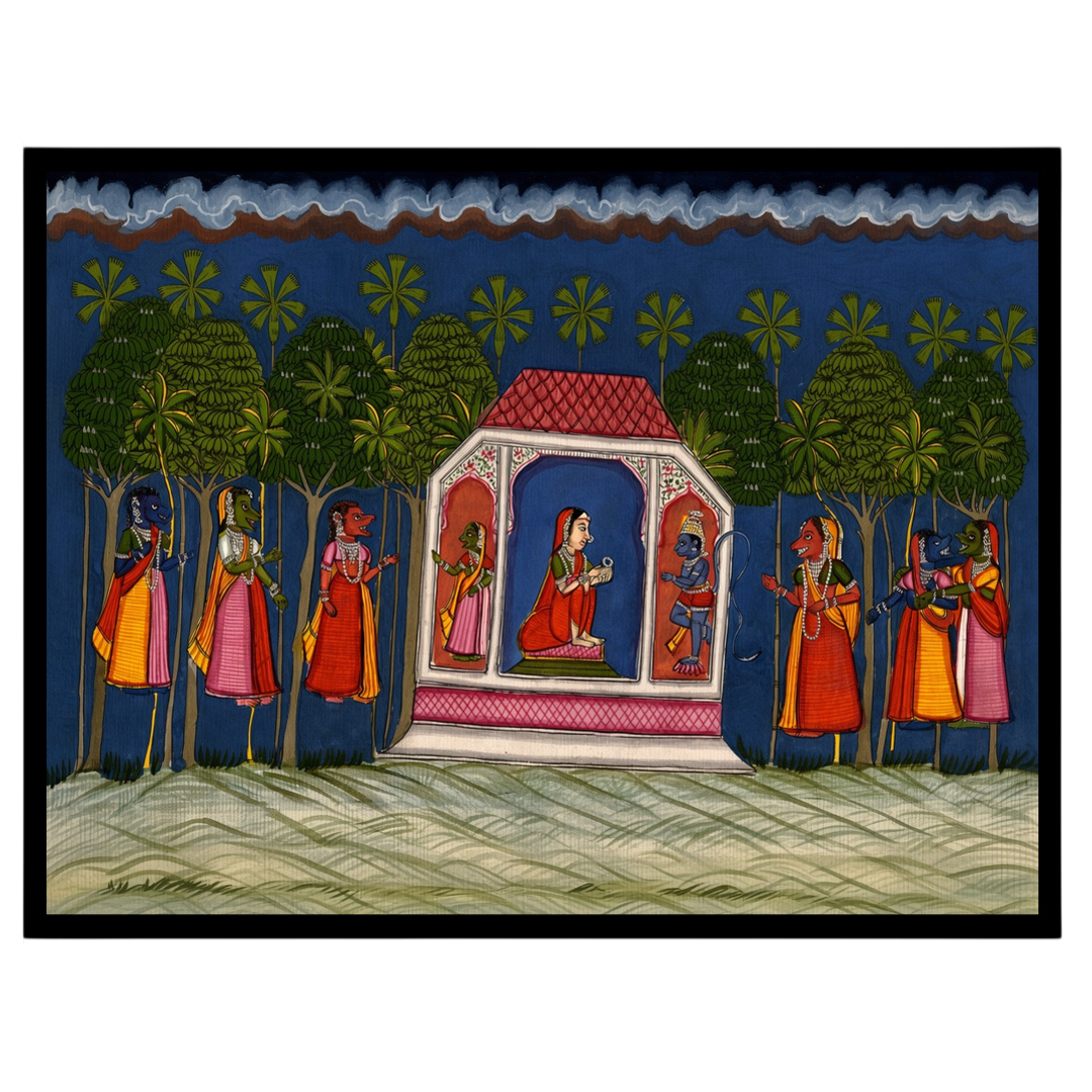Experience an enchanting moment from the Ramayana with this vibrant Indian miniature artwork. for room