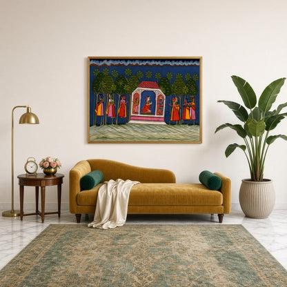 Experience an enchanting moment from the Ramayana with this vibrant Indian miniature artwork. for Sitting Lounge