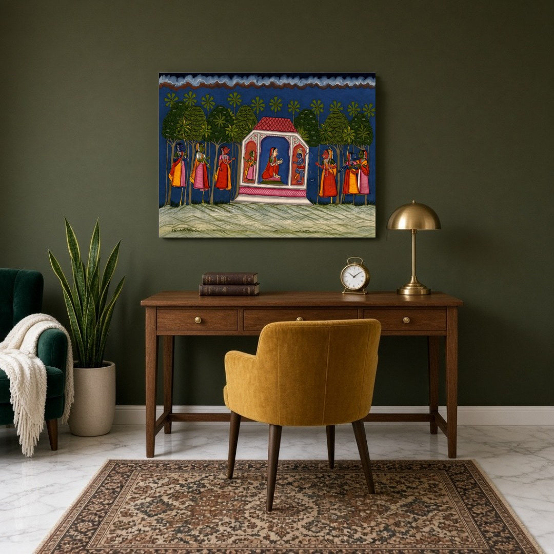 Experience an enchanting moment from the Ramayana with this vibrant Indian miniature artwork. for Study