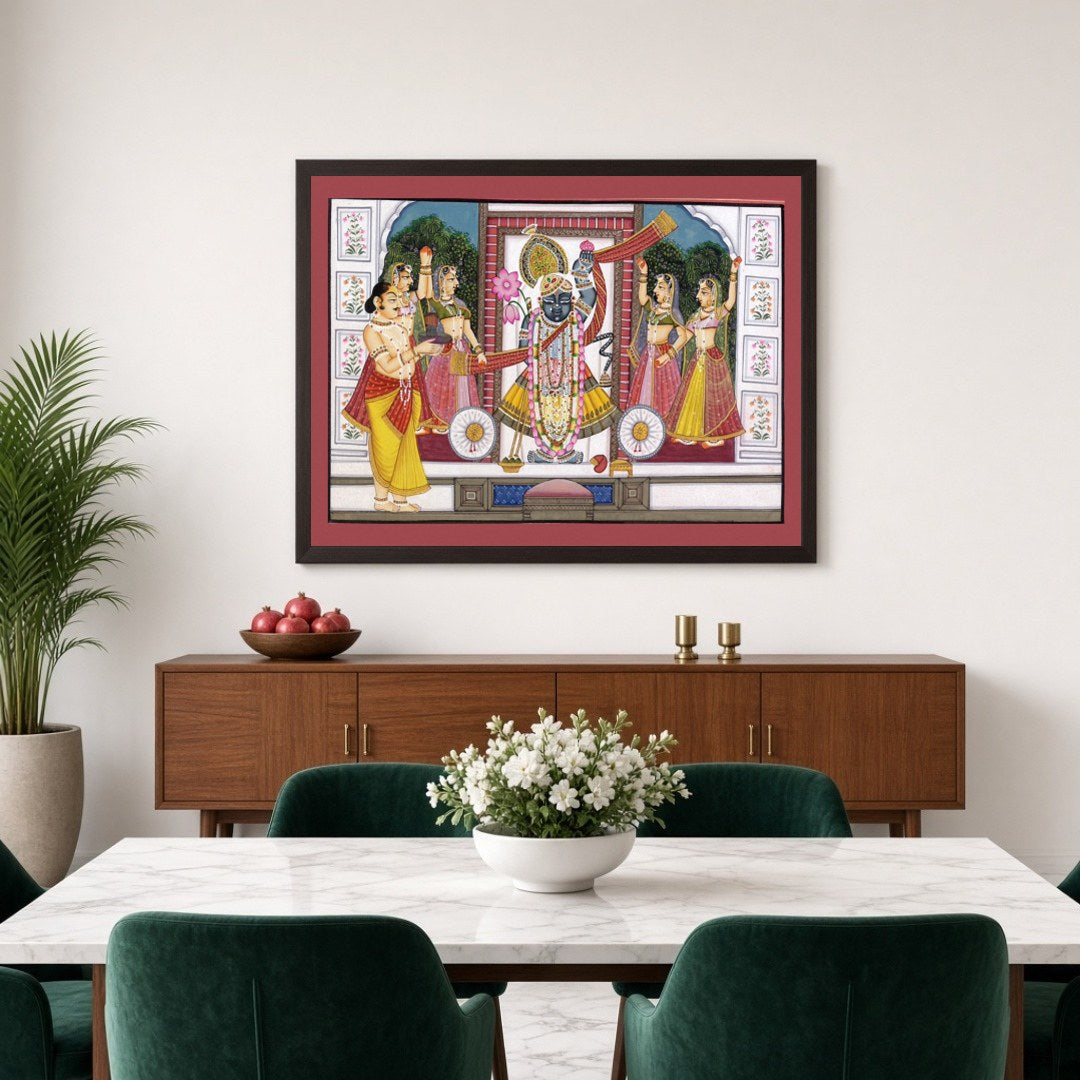 Experience the spiritual elegance of Shrinathji with this exquisite Pichwai artwork. Depicting the for Dining